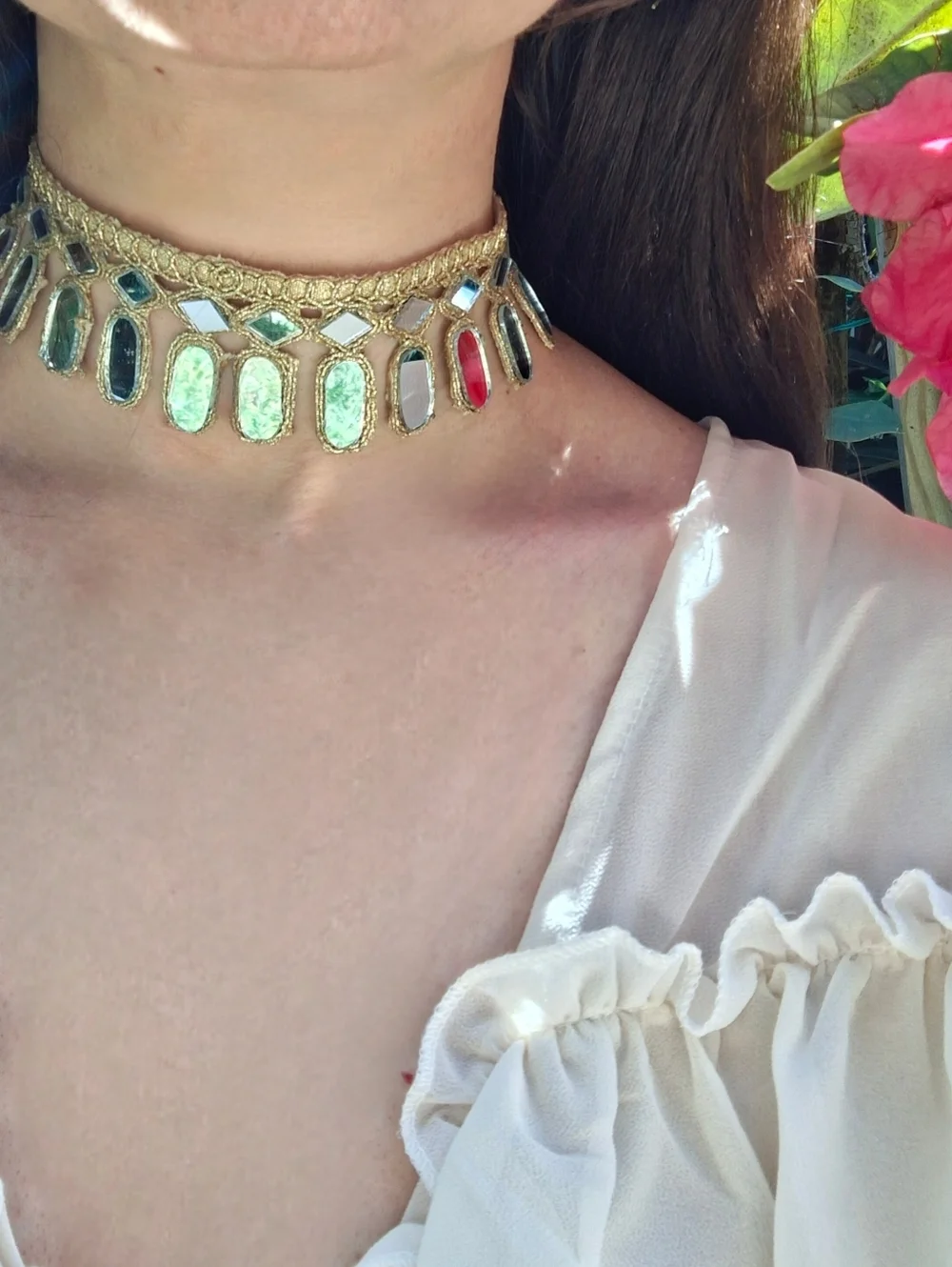Handmade Gold Mirror Glass Fringe Choker Necklace - Women's Jewelry Silver Boho - Picture 2 of 8